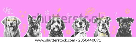 Trendy collage Dogs different breeds Halftone style. Cutout Pet stickers funky black color. Contemporary vector banner