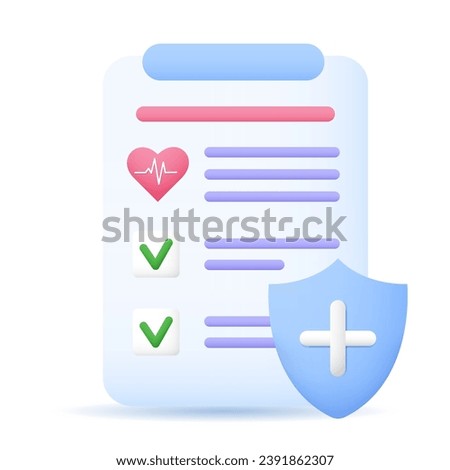 Clipboard document life insurance with shield and checkmark icon. Medicine, finance, protect, medical service concept. Vector illustration in cartoon minimal style