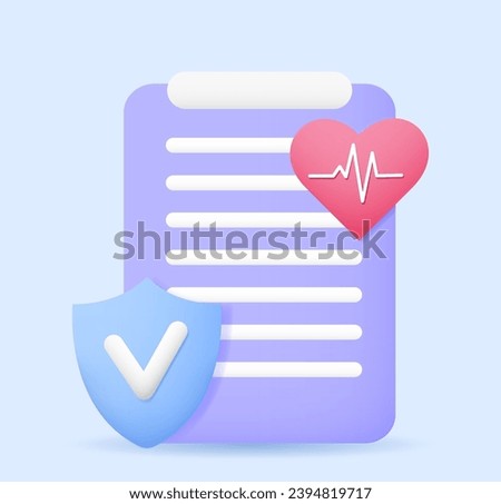 Clipboard document life insurance concept icon. Shield with checkmark, heart pulse symbols. Medicine, finance, protect, medical service concept. Vector illustration in cartoon minimal style