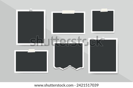 Blank photo frames collage glued tape on gray wall. Mood board template with photography empty picture. Vector illustration