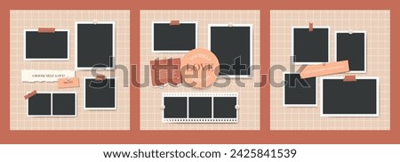 Blank photo frames collage set. Mood board template Self care. Paper sheets with motivation quotes glued on board. Vector illustration
