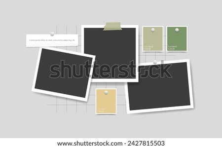Blank photo frames, samples glued on gray wall. Mood board template collage. Photograph film snapshot mood. Vector illustration