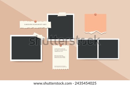 Collage Blank photo frame, paper sheet glued on board. Realistic Moodboard background. Vector illustration