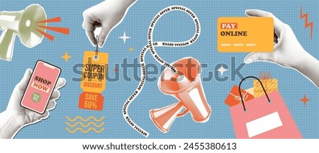 Online shopping Retro halftone style collage set. Trendy art cutout hands holding phone, label, credit card. Megaphone. Mixed media 90s style stages of e-commerce. Vector illustration