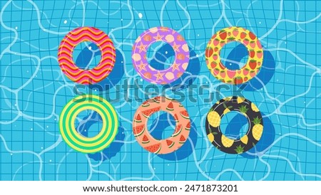 Swimming Pool from Top View Colorful Inflatable Rubber Rings with fun patterns. Clean blue water pool summer background. Perfect for summer parties, beach holiday design