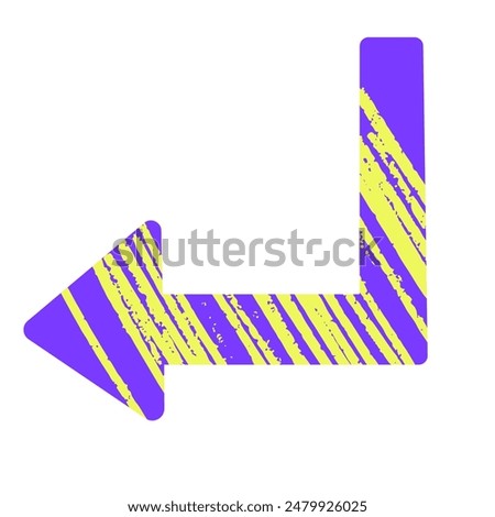 Playful Vibrant Thick Left Direction Arrow with Crayon pencil texture. Straight pointer with stripe, scribble, lines pattern. Naive style icon. Childish hand drawn shape. Vector doodle illustration