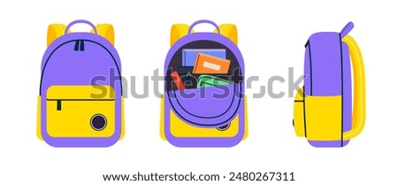 Set of childish school backpacks and schoolbags of front and side view sides. Open kids bag with stationery, notebooks and textbooks. Closed student backpack. Vector illustration