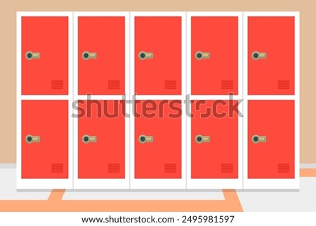 School corridor with Row of red metal lockers. Closed doors with combination locks. Metal storage schools, gyms, or workplaces. Vector illustration