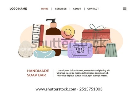 Web Banner template with handmade soap bar cosmetics. Bath and body care soap different types. Cream and solid, scrub, brush Perfect for promotion natural shop, spa, wellness. Vector illustration