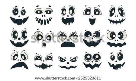 Collection of Halloween Groovy Pumpkin Emotions Faces. Monster scary, creepy, funny masks in retro style. Vector illustration