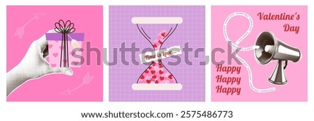 A set of Valentine's Day halftone collage design card gift box, hourglass filled hearts. Retro megaphone with text. Trendy romance mixed media pink and purple colors banners. Vector illustration