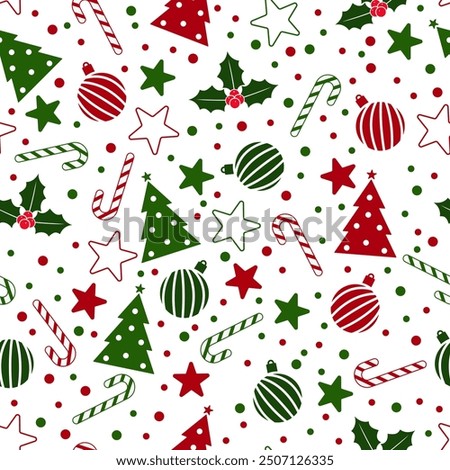 A Christmas pattern with green trees, red and green stripes, candy canes, holly berries, and stars on a white background. It's festive and cheerful, perfect for holiday decorations.