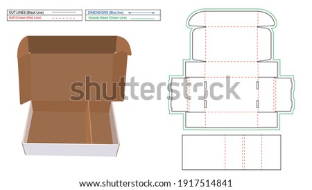 Corrugated mailer box or shipping roll end box with separator dieline template and 3D render file