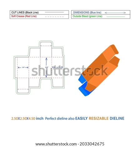 Custom RTE reverse tuck end folding box (2.50x2.50x4.50) inch  box Dieline template and 3D vector file