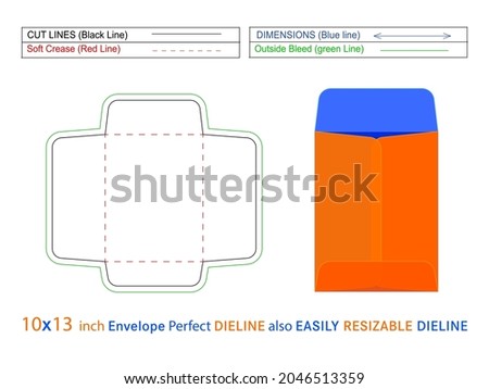 Policy open end envelope or Catalog envelope 10x13 inch dieline template and 3D envelope editable easily resizable