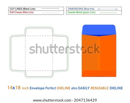 Catalog envelope or Policy open end envelope 14x18 inch dieline template and 3D envelope editable easily resizable