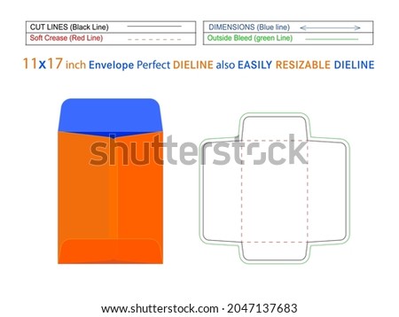Open end envelope or Catalog envelope 11x17 inch dieline template and 3D envelope editable easily resizable