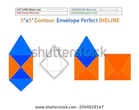 Square Packaging Contour envelope 5x5 inch dieline template and 3D envelope