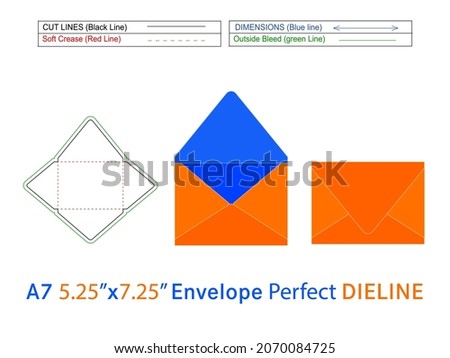  Contour envelope or A7 5.25x7.25 inch dieline template and 3D envelope Editable easily resizable