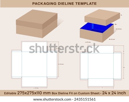 Two piece Square Shoe Box 275 x 275 x 110 mm, Lid H=85mm Die line Template