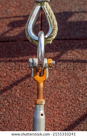 Thimble shackle turnbuckle connection, metal ring and rope, corroded threads, close-up view Stock foto © 