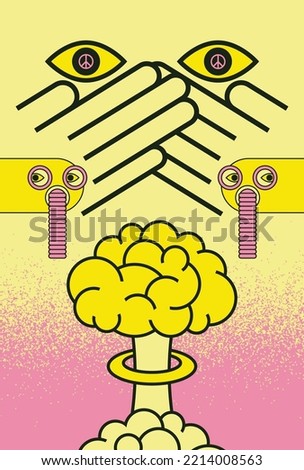 Nuclear mushroom explosion brain cartoon style design. No war peace splash grunge style poster. Vector illustration.