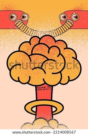 Nuclear mushroom explosion brain cartoon style design. No war peace splash grunge style poster. Think about it. Vector illustration.
