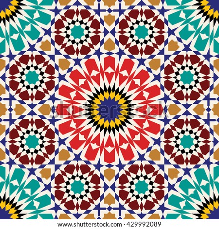 Morocco Seamless Pattern. Traditional Arabic Islamic Design background. Green, blue, ocher, red on beige.