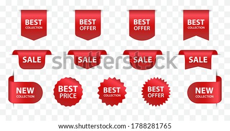 New labels and ribbon sale badges. Newest product red banner ribbons, price shopping tags. Promotion sale badges, special offer stickers vector exclusive bookmark set