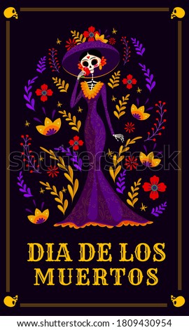 Day of Dead, Dia de los Muertos fiesta, catrina calavera woman in Mexican costume dress . Vector Day of Dead, Mexico party celebration,  Mexican pattern 
