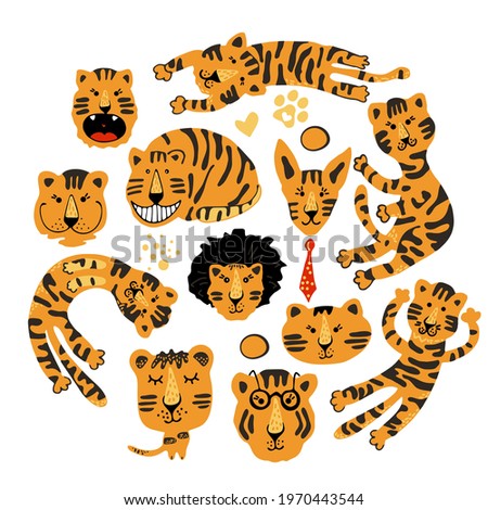 Circle of cute vector graphic little tigers. Chinese 2022 year symbol. Year of tiger. Cartoon mascot. Smiling adorable character. Orange illustration of wild exotic animal isolated on white background
