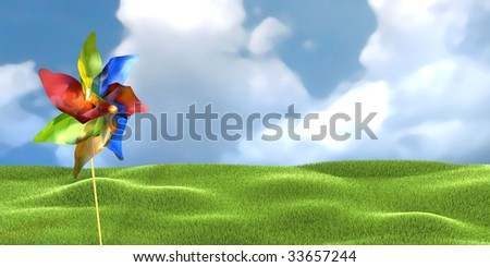 3d illustration of colored windmill toy over cloudy sky and lawn background