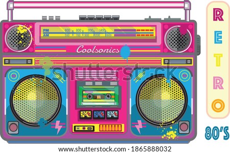 retro 1980's cassette boombox colorful splashed with paint spots and drips