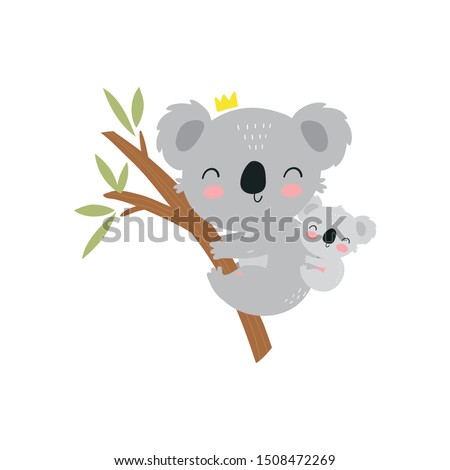 Cute cartoon character mother koala and baby. Print for baby shower party. Vector print with baby and mom koala