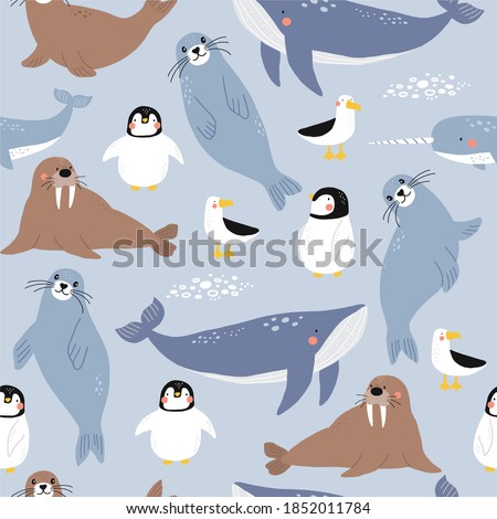 Vector with cute Arctic animals - Polar bear, seal, penguin, walrus, whale, fish, narwhal, albatross.  Seamless pattern with Cartoon characters Arctic and antarctic animals