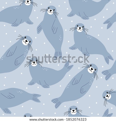 Vector with cute Arctic animals -  seal.  Seamless pattern with Cartoon characters Arctic and antarctic animals