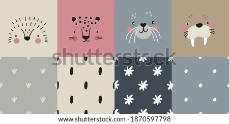 Cute simple animal portraits - hedgehog, jaguar, walrus, seal. Great for designing baby clothes. Vector illustration and seamless pattern