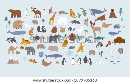 Animals world for kids. Poster with cute vector animals in flat style. Cartoon doodle characters in scandinavian style for children