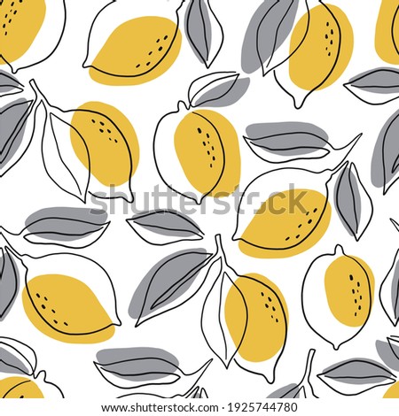 
Fresh lemons print. Hand drawn line lemon illustration. Minimalism lemon. Seamless pattern with  citrus fruits.