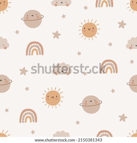 Cute cartoon Bohemian nursery pattern. Boho vector print for wall decor in children's bedroom. Seamless pattern with cartoon rainbow, sun, planet