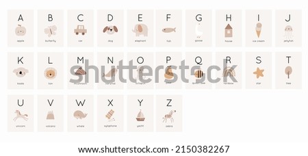 Cute cartoon Bohemian nursery alphabet. Boho vector print for wall decor in children's bedroom. ABC poster with cute animals