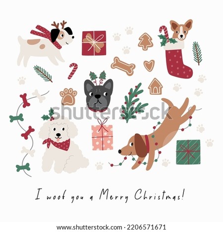 Cute cartoon dogs of different breeds and Christmas decorations, candy, gifts, garlands, cookies, bone. Festive vector illustration - dog on winter holidays in flat style. I woof you a Merry Christmas