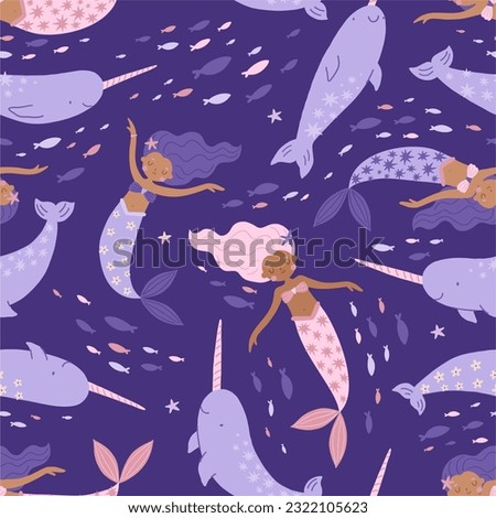 Cute cartoon magical mermaid and narwhal. Adorable fairytale, mythological underwater princesses. Flat cartoon colorful vector illustration. Seamless pattern