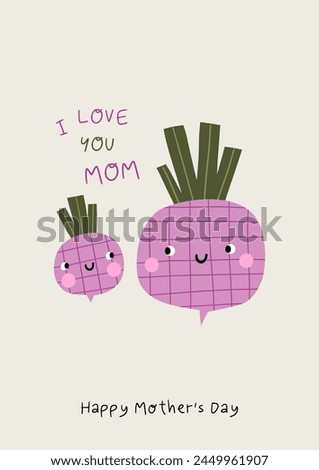 Cute cartoon vegetables characters. Eco veggies, healthy vitamin food. Organic natural eating, nutrition. Vector illustration in flat style. Mom and baby beet	