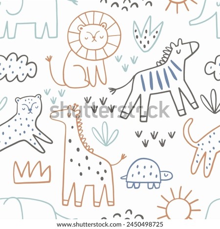 Safari animals cute illustration in doodl style. Outline hand drawn print. African leopard, giraffe, elephant, lion, zebra and wild animals - character. Seamless pattern