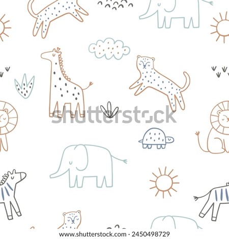 Safari animals cute illustration in doodl style. Outline hand drawn print. African leopard, giraffe, elephant, lion, zebra and wild animals - character. Seamless pattern