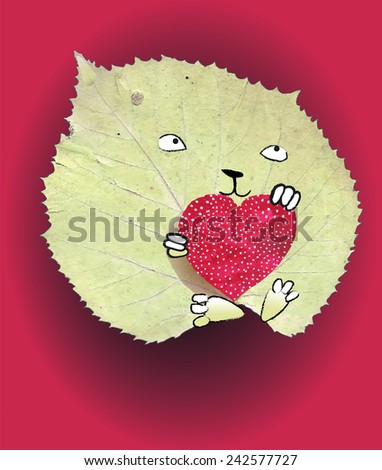Kitten in love,  Valentine`s  Day Card drawing upon a lime tree leaf
