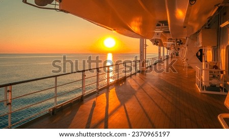 Image, Stock Photo Sunset with cruise ship and mountains, evening sky in Motor bay