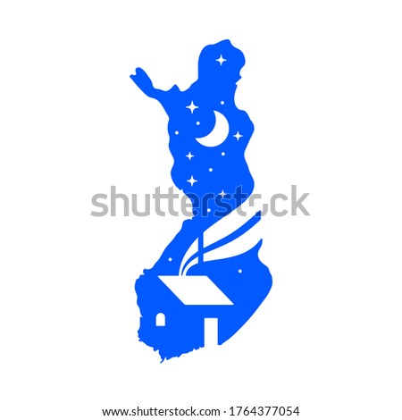 Smoke house, moon and stars at night in a map Finland. Creative and beautiful blue logo.