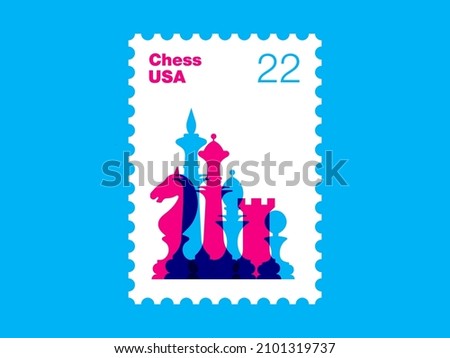 Silhouettes of chess pieces. King, Queen, rook, knight, Bishop, pawn. Chess USA postage Stamp. Vector chess isolated on white background.